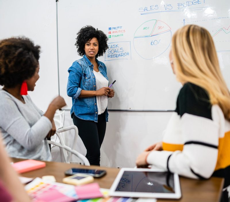 Manager woman leading a brainstorming meeting with a group of creative designers in the office. Leader and business concept